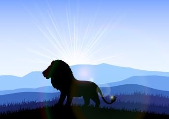 Lion in the field at dawn. Vector