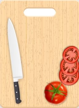 Red tomato slices and knife on the chopping board