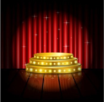 Spotlight golden of empty stage with red curtain background