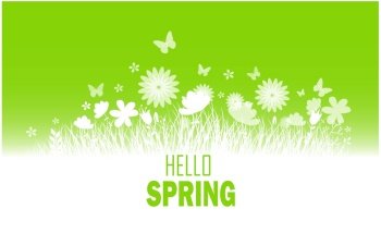 Spring background with flower, butterflies and grass silhouette.Vector