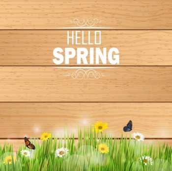 Spring in grass against a wooden background.Vector