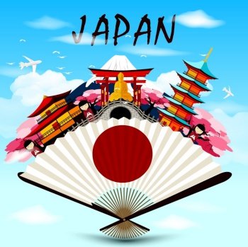 Japan travel in Japanese upon the fan on skyline background.Vector