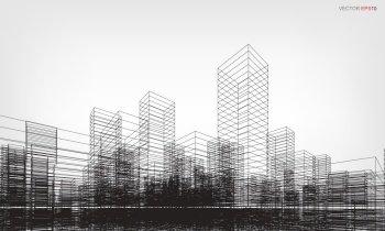 Perspective 3D render of city wireframe. Wireframe city background of building. Vector illustration.