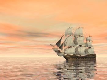 Beautiful old merchant ship floating on quiet water by sunset - 3D render. Old merchant ship on the ocean - 3D render