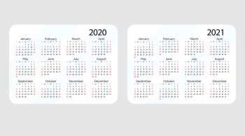 Horizontal vector pocket calendar 2020 and 2021 year set. Minimal business simple clean design. English grid, week starts from sunday