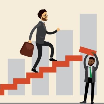 businessman climbs the steps of a ladder, co-operation and teamwork,business assistance concept,flat vector illustration