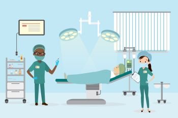 African american Male Surgeon and female nurse in the operating room,caucasian woman lying on the operating table,furniture and medical equipment,flat vector illustration