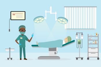 African american Male Surgeon in the operating room,caucasian woman lying on the operating table,furniture and medical equipment,flat vector illustration

