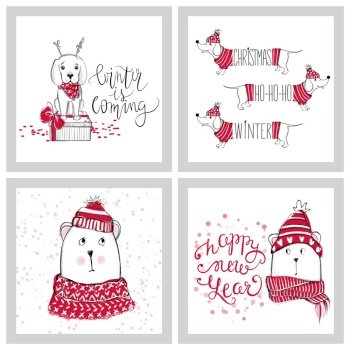 Merry Christmas 2018 collection with cute greeting cards. Funny bears and puppies. Happy New Year collection. Winter design. Happy holidays template. Cartoon animals. Xmas set.. Merry Christmas 2018 collection with cute greeting cards. Funny 