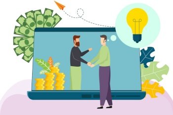 Business Partnership handshake. Online conclusion of the transaction. Business Opening of a new startup. Investor holds money in ideas online. vector illustration. E-Commerce business online concept.