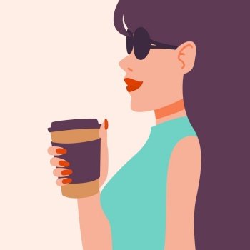 Girl drinking coffee. Beautiful young woman enjoying a drink. Lady with long dark hair in sunglasses, red manicure, red lipstick, cup. Vector illustration. Pop art fashion.