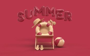 3D Text Summer with Elements, Sun Glass, Flip-Flops, Hat Beach, Ball, Ring Floating and Chair For Background Banner or Wallpaper. Creative Design of Summer Vacation Holiday Concept. 3D Rendering 
