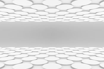 3d rendering. perspective view of white circular button shape pattern design  floor with gray wall as background.