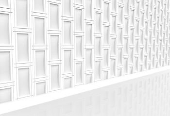3d rendering. perspective view of Modern white rectangle brick stack wall and walking way floor background.