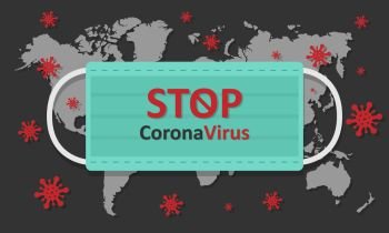 Vector illustration Stop coronavirus COVID-19. Medical mask with inscription stop coronavirus on world map background. EPS 10