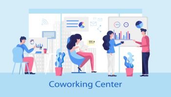 Coworking Center. Rental Workspace any Time. Modern Office design and Comfortable Meeting Room. Woman Works with Laptop stylish Coffee Zone. Creative Coworking transformed Lifestyle.