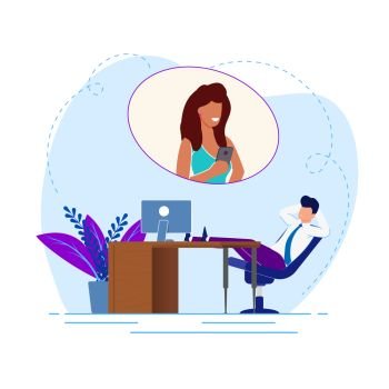 Procrastination Character Weakness Cartoon Flat. Man at Work Postpones Important Matters, does not know how to Organize Work Processes. Employee Dreams Women Instead Work. Vector Illustration.