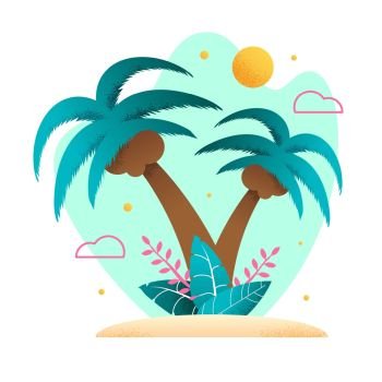 Coconut Palm Trees on Tropical Sand Beach. Skyline with Clouds and Sun. Flat Cartoon Template for Resort Advertisement. Exotic Natural Illustration. Summer Vacation and Rest in Warm Country. Coconut Palms on Tropical Sand Beach Flat Cartoon
