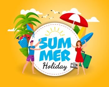 Summer Holiday Cartoon Promotion Banner Template. Advertising Text in Circle. Man Holds Kite. Woman in Beautiful Dress. Tourists and Traveler Accessories. Vector Flat Illustration in Tropical Style. Summer Holiday Cartoon Promotion Banner Template