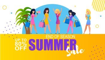 End of Season Sales Woman Shopping Offer Banner. Vector Flat Illustration with Happy Satisfied Cartoon Female Characters Standing with Paper Shop Bags. Total Discount up to 80 Percent off. End of Season Sales Woman Shopping Offer Banner