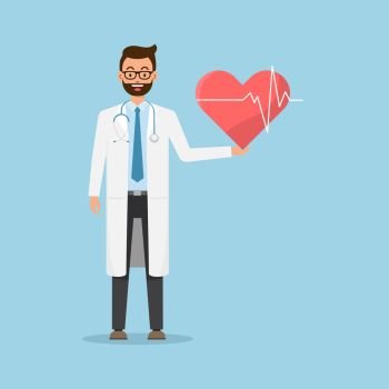 Doctor holding Red Heart with Medical Health care concept .Vector flat illustration