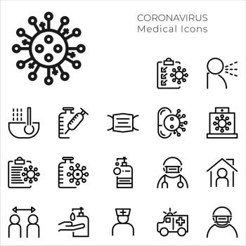 Set Icons Medical and Coronavirus. Vector thin line icon illustration