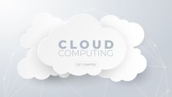 Cloud computing technology and big data concept. Paper art with clouds on white and grey background. 