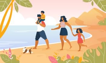 Happy Family Mother, Father, Daughter and Son Walking with Pet Outdoors along Ocean Beach, Little Boy Sitting on Dad Shoulders, People Relaxing Together on Seaside, Cartoon Flat Vector Illustration. Happy Family Walking Outdoors along Ocean Beach