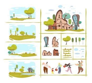 Nature Scene and Natural Elements Trendy Flat Set. Different Houses Collection. Adult People and Children Animated Characters DIY Kit. Cartoon Village or Countryside. Vector Craft Illustration. Nature Scene Set, Different Houses, People DIY Kit