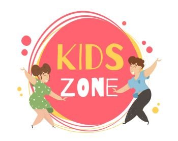 Kids Zone Banner Design. Couple of Little Boy and Girl Dancing Together on Creative Typography Background, Children Entertainment Area Poster Place for Games Signboard Cartoon Flat Vector Illustration. Kids Zone Banner Design. Place for Games Signboard
