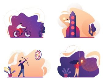 Business Success, Start Up, Bicycle Riding, Idea Icon Set Isolated on White Background. Archery Shooting with Bow to Target, Man Fly on Rocket, Girl with Light Bulb. Cartoon Flat Vector Illustration. Business Success, Start Up, Bicycle, Idea Icon Set