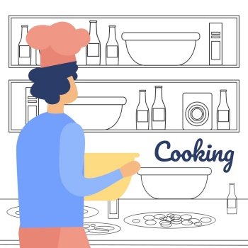 Cocking on Kitchen Flat Vector Concept with Restaurant Chef, Man in Toque Blanche Hat, Cooking Pizza, Preparing Ingredients for Dish, Kneading Dough, Putting Bowl on Table or Shelf Illustration