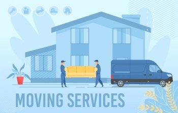 Home Moving Services Advertising Webpage Banner Layout, Cartoon Male Loaders Team Carrying Couch. Man in Uniform Unloading Furniture from Minivan. Delivery and Logistic. Vector Flat Illustration. Moving Services Advertising Webpage Banner Layout