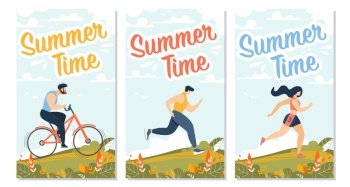 Summer Time Motivational Flyers Set with Cartoon Active People Characters Cycling, Running, Jogging. Men and Women Exercising on Nature. Sportsmen and Sportswomen Workout. Vector Flat Illustration. Summer Time Flyers Cartoon Set with Active People