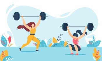 Cartoon Weight Lifter Woman Characters Training. Strong Girls in Sportswear Lifting and Squatting Heavy Barbell. Female in Tracksuits. Weightlifting Fitness, Workout, Sport. Vector Flat Illustration. Cartoon Weight Lifter Woman Characters Training