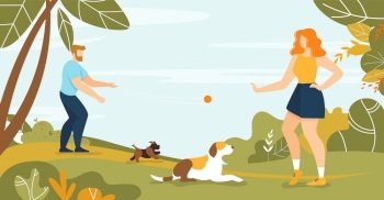 Cartoon Happy Man and Woman Playing Ball with Puppies in Forest. Loving Diverse Pet Owner Walking Purebred Dog in Park. Daily Activities with Domestic Animals. Vector Flat Natural Illustration. Happy Man and Woman Pet Owner Walking Dog in Park