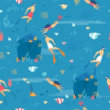 Cartoon Man and Woman People Characters in Swimwear Swimming in Sea. Diving. Underwater World Exploration Seamless Pattern. Exotic Resort. Seaweed, Fish, Cave. Flat Vector Repeated Illustration. Diving and Underwater Exploration Seamless Pattern