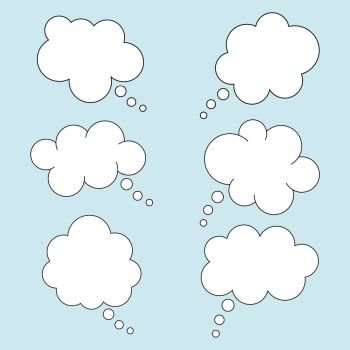 Set of speech bubbles in flat style isolated on blue background. Trendy speech clouds for chat, discussion, dialogs, dreams, ideas and thinking. Comic blank text boxes. Communication concept. Vector.. Set of speech bubbles in flat style isolated on blue background. Trendy speech clouds for chat, discussion, dialogs, dreams, ideas and thinking. Comic blank text boxes. Communication concept. Vector