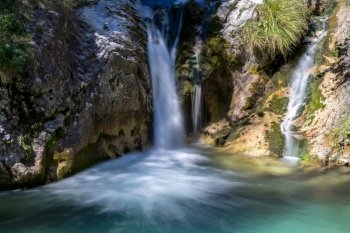 Waterfall at the Val Vertova torrent Lombardy near Bergamo in Italy