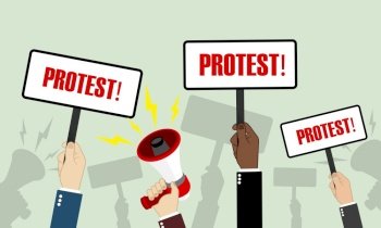 Protest. Group of people. Hands holding banner. Politic vote icon flat on isolated background. EPS 10 vector.. Protest. Group of people. Hands holding banner. Politic vote icon flat on isolated background. EPS 10 vector