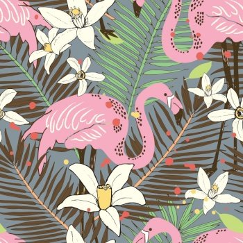 Abstract hand painted seamless animal background. Isolated birds Flamingo tropical pattern with palm leaves. Vector illustration.