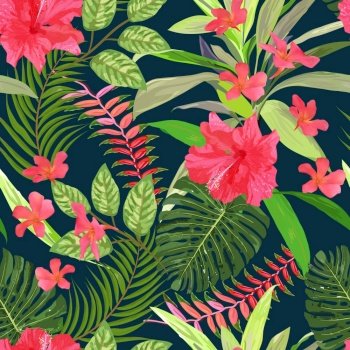 Floral seamless pattern. Background with isolated colorful hand drawn tropical flowers and leaves. Design for invitation, prints and cards. Vector illustration.. Floral seamless pattern. Background with isolated colorful hand 