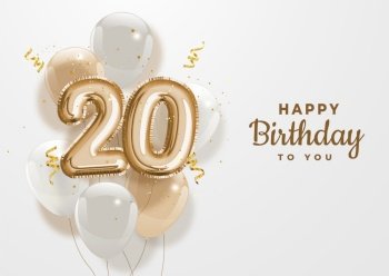 Happy 20th birthday gold foil balloon greeting background. 20 years anniversary logo template- 20th celebrating with confetti. Vector stock.