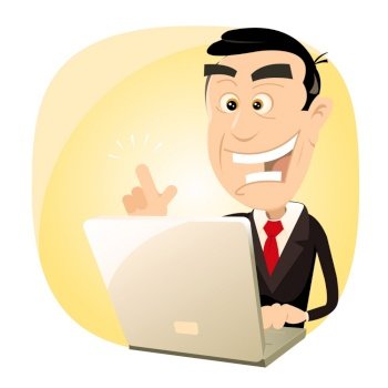Illustration of a cartoon happy businessman finding success on his laptop computer