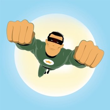 Illustration of a comic super-hero, flying in the sky. Comic-like Green Super-Hero