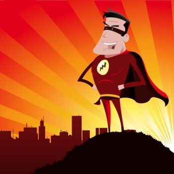 Illustration of a cartoon super hero standing proudly on the outskirts of the city 
over which he watches and the sun beams behind. Super Hero - Male