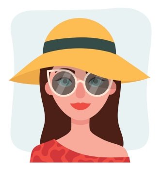 A beautiful young woman in sunglasses and a hat.Vacation at sea and ocean.Fashion concept.Flat vector illustration