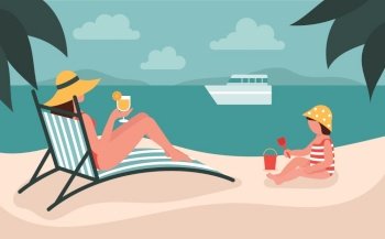 Young beautiful woman in a hat lies on a deck chair and drinks orange juice. Vacation with children.Mother and daughter.Flat vector illustration.