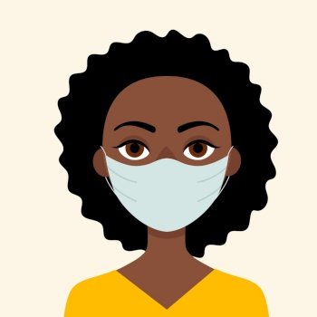 Young African woman in medical mask. Concept of protection against viruses, flu, coronavirus. Prevention of an epidemic. Flat vector illustration.