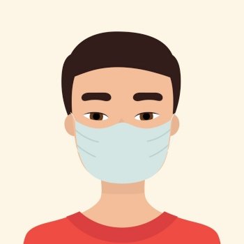 Young Asian man in medical mask. Concept of protection against viruses, flu, coronavirus. Prevention of an epidemic. Flat vector illustration.
